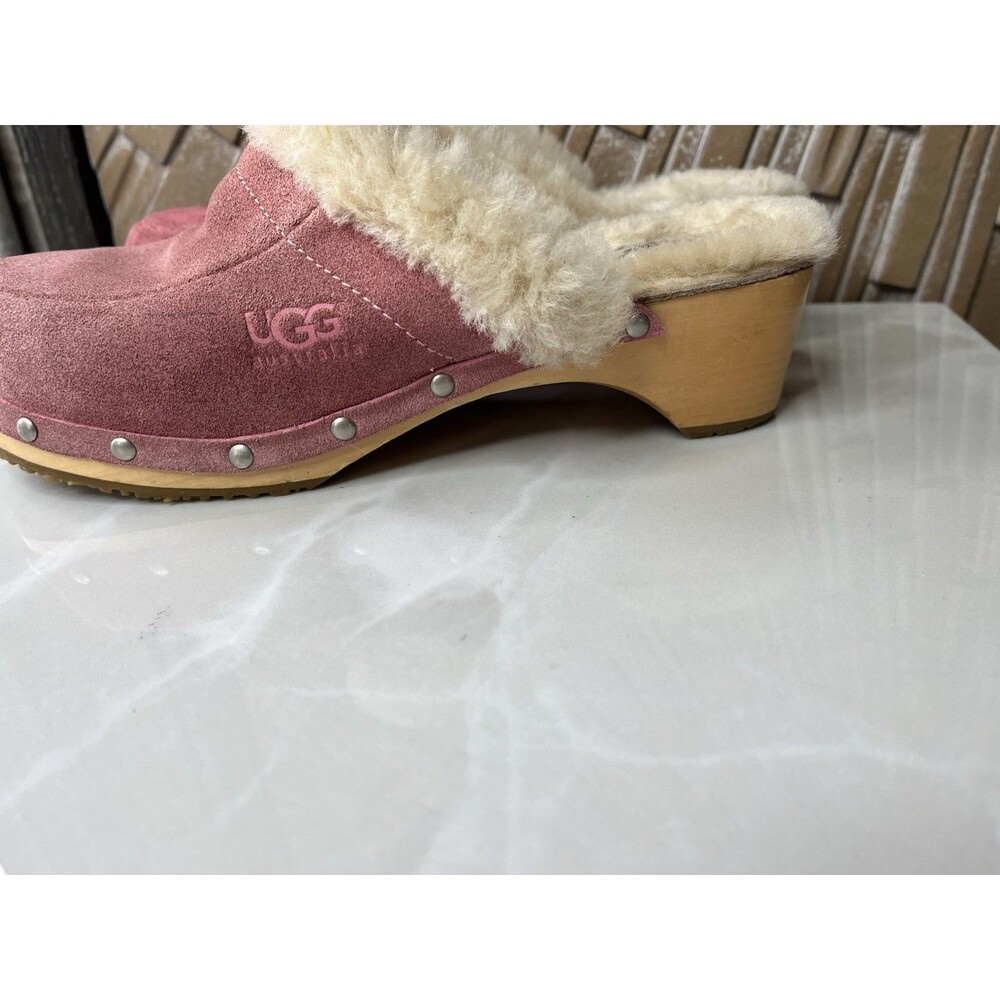 UGG Women Sz 8 Kalie Pink Suede Leather Mule Clog Heels Shoes Fur Wool Shearling - Picture 6 of 9